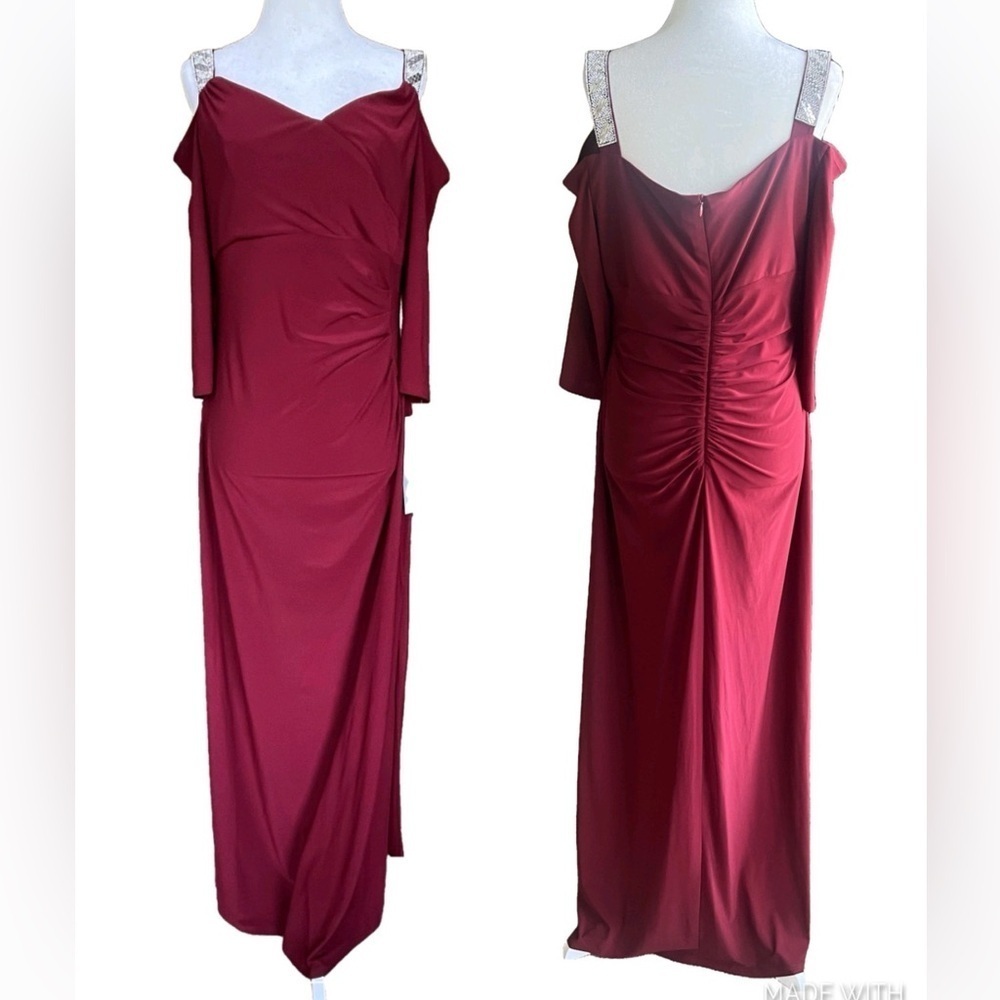 R&M Collection Formal Rhinestone Cold Shoulder Full Length Ruched Dress Merlot - Picture 2 of 15